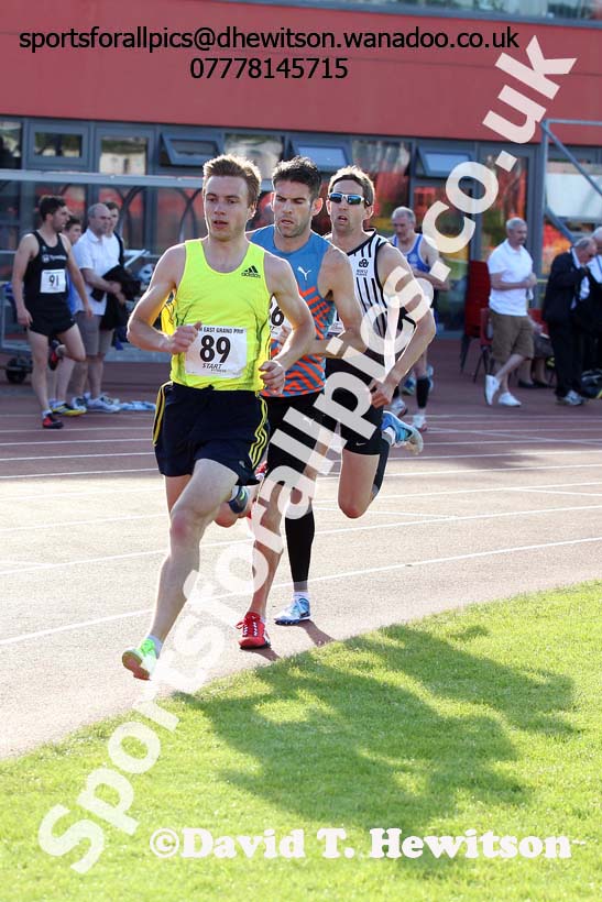 Nick Swinburn leads from Nick McCormick (Both Morpeth) and eventual winner Jonathan Cook (Woodford Green) in the Stan Long Mile, North East Grand Prix, Gateshead International Stadium. Photo: David T. Hewitson/Sports for All Pics